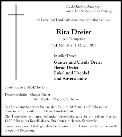 Traueranzeigen Von Rita Dreier Trauer In Nrwde