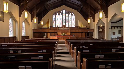 The Interior Of A Church That Has Benches And Stained Glass Background