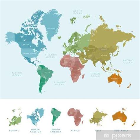 Wall Mural Continents And Countries On The World Map Marked Colored