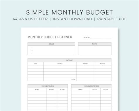 Monthly Budget Planner Printable Simple Budget Worksheet Etsy