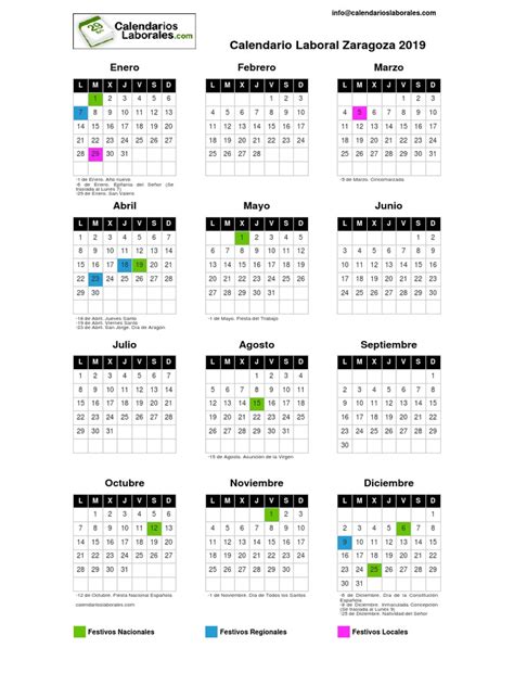 Calendario laboral de barcelona para imprimir con días festivos 2021. Calendario Laboral Zaragoza 2019 | Calendario