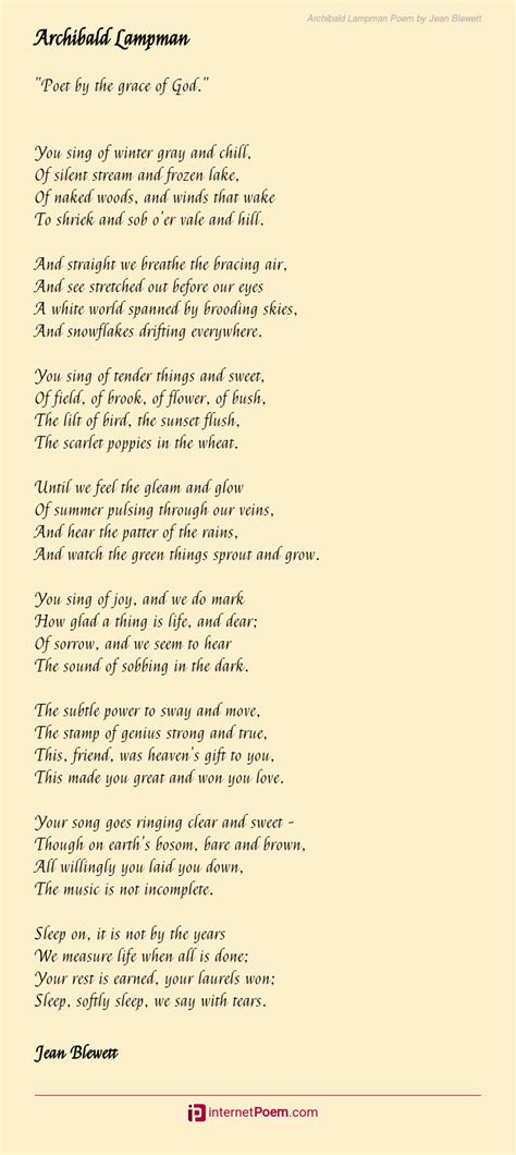 Archibald Lampman Poem By Jean Blewett