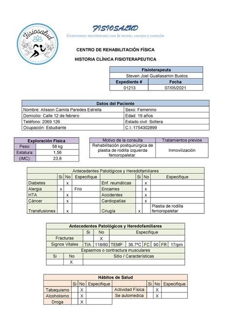 Total 31 Imagen Modelo De Historia Clinica De Fisioterapia Abzlocalmx