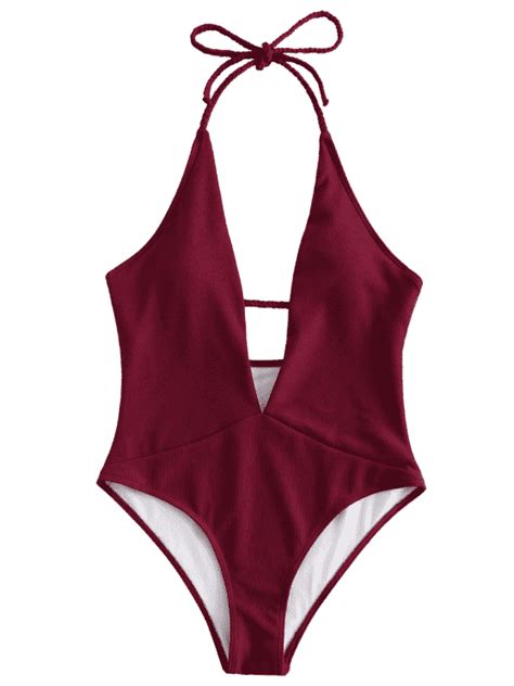 Ribbed Plunge Neckline Plaited Swimwear Red Wine S Sport Swimwear One Piece Online Bikini
