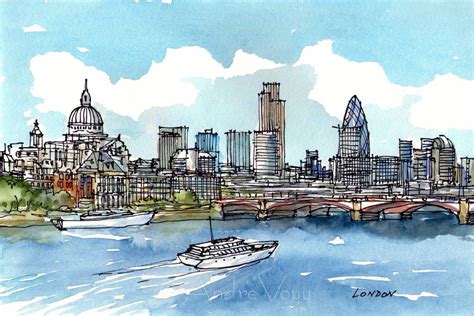 London Thames Panorama By Andre Voyy Watercolor Paintings Art Painting