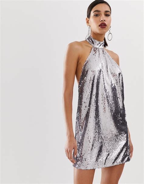 Asos Halter Neck Mini Dress In Metallic Lyst
