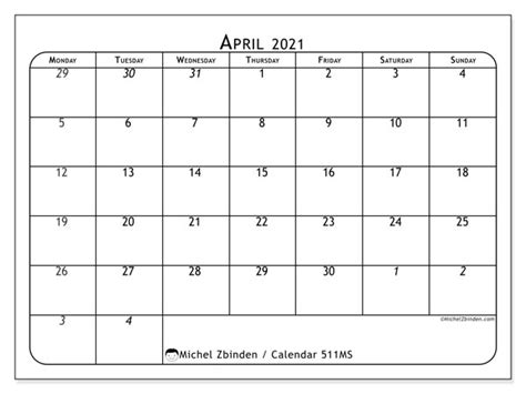 April 2021 Calendars “monday Sunday” Michel Zbinden En