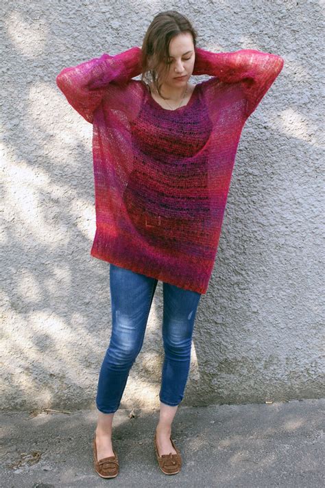 Sheer Long Mohair Sweater Dress Loose Knit Gradient Jumper V Etsy