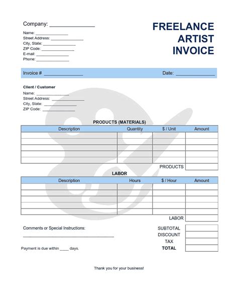 Freelance Artist Invoice Template Word Excel Pdf Free Download