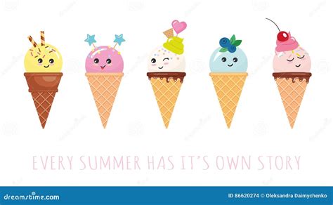 Kawaii Ice Cream Cone Characters Cute Cartoons Isolated On White