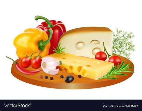 Still Life Of Cheese Tomatoes Bell Peppers And Vector Image On