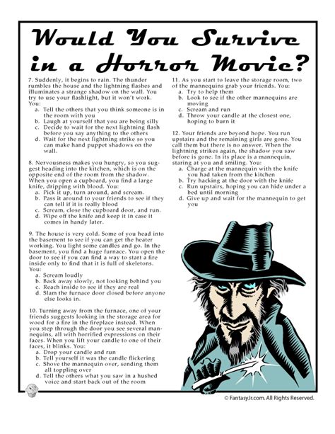would you survive a horror movie fun quiz page 2 fun quiz halloween quiz halloween worksheets