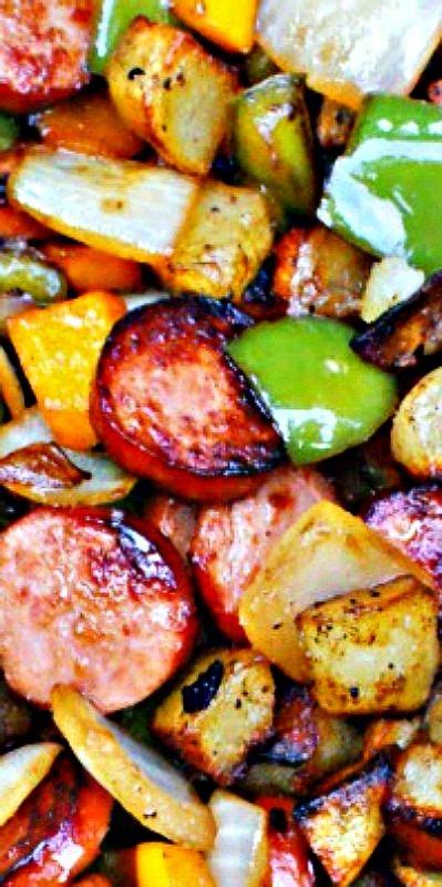 I used the basil and garlic flavored diced tomatoes for flavor. Kielbasa, Pepper, Onion and Potato Hash...possibly use ...