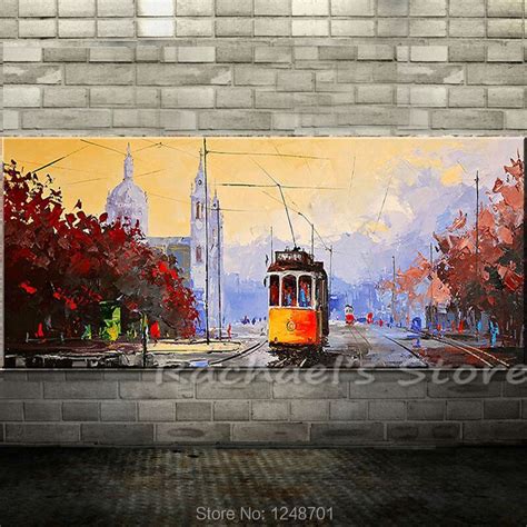 Large Hand Painted Modern Abstract Tram Rail Street Oil Painting On