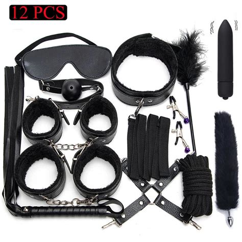 Sexy Bed Bondage Set Plush Leather Bdsm Kits Handcuffs Sex Games Whip Gags Nipple Clamps Sex
