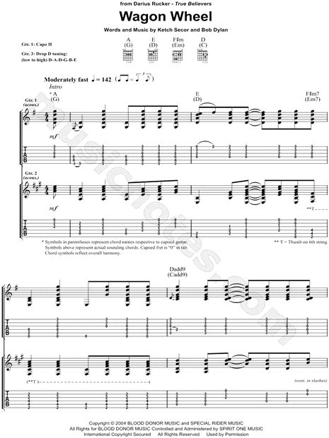 Darius Rucker Wagon Wheel Guitar Tab In A Major Download Print SKU MN