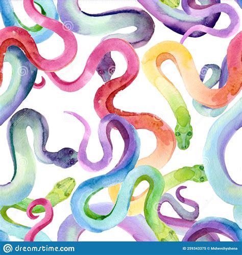 Colorful Seamless Pattern With Snakes Watercolor Illustration Stock