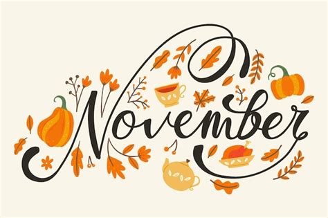 Premium Vector November Hand Lettering With Autumn Leaves Tree Hand