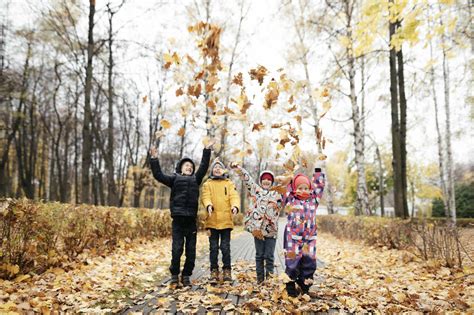 Group Of Four Kids Playing With Autumn Leaves Stock Photo