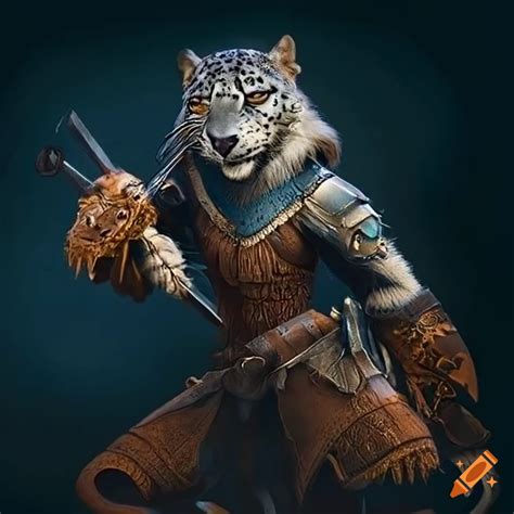 Snow Leopard Tabaxi Warrior In Leather Armor With Stone Yellow Eyes Holding Chisels On Craiyon