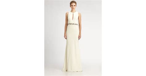Badgley Mischka Crepe Keyhole Gown In White Lyst