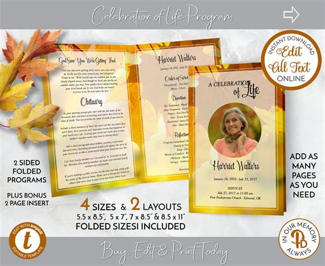 Autumn Maple Leaves Funeral Program, Obituary Template, Celebration of