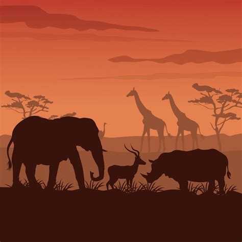 Premium Vector Sunset African Landscape With Silhouette Wild Animals