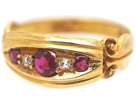 Edwardian 18ct Gold Ruby And Diamond Boat Shaped Scroll Design Ring