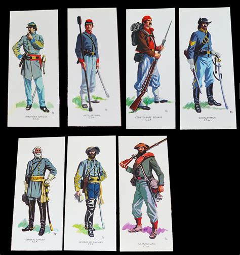 American Civil War Uniforms Of The Confederacy Set Of 7 Art Cards In