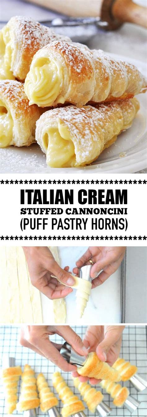 Puff pastry dessertspuff pastry recipespastries recipespuff pastry doughbaking and pastryitalian pastriessweet pastriespuff pastriesbaking recipes Italian Cream Stuffed Cannoncini (Puff Pastry Horns) # ...