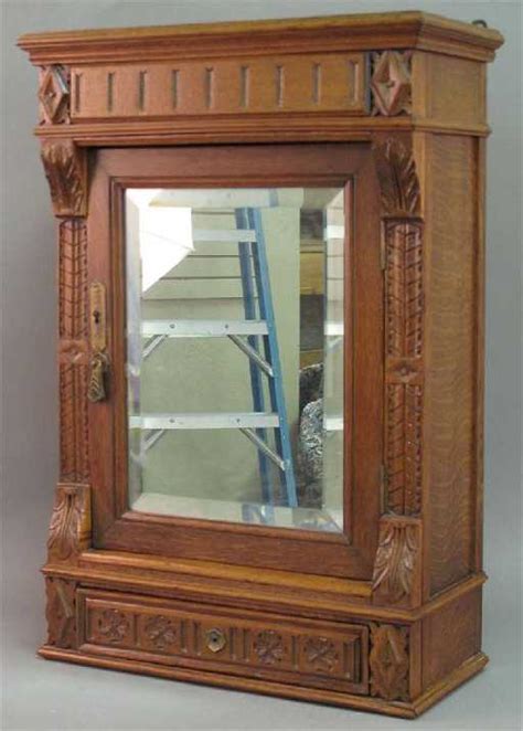227 Victorian Oak Medicine Cabinet With Beveled Mirror