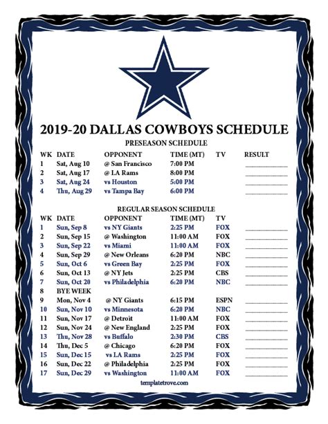 By mark lane of smg |. Printable 2019-2020 Dallas Cowboys Schedule