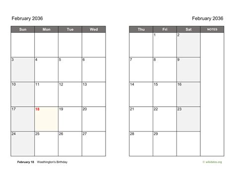 February 2036 Calendar On Two Pages