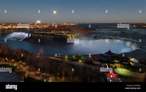 Aerial View Of Niagara Falls In Ontario Canada Panorama By Night