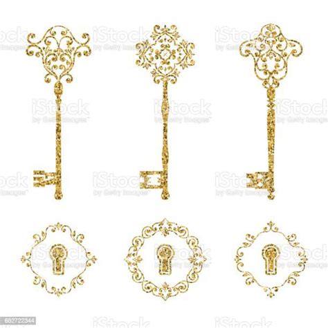 Golden Glitter Vintage Keys And Keyholes Set Vector Illustration Stock
