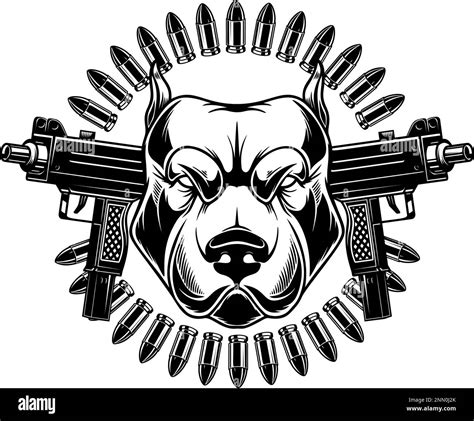Angry Dog Head With Crossed Assault Rifles Design Element For Poster