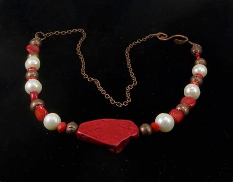 Red Turquoise Coral And Pearl Necklace Etsy