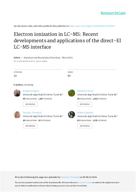 Pdf Electron Ionization In Lc Ms Recent Developments And Applications Of The Direct Ei Lc Ms