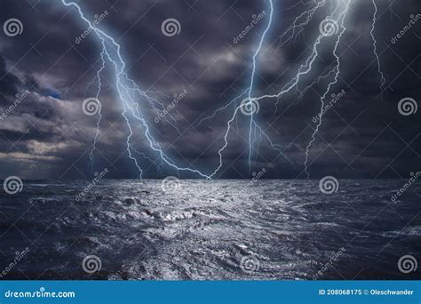 Lightning Strike Over The Ocean Bolt Of Lightning Over Stormy Dark Sea