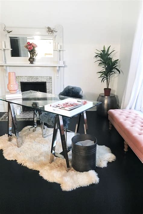 This space should also accommodate their business needs and leave a good impression on every soul. Feminine minimalist office decor | chic West Elm glass ...