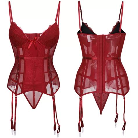 women sexy sheer lace bustier corset garter belt mesh overbust girdle lingerie 18 99 picclick