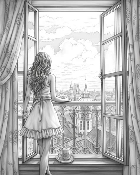 Premium Photo A Drawing Of A Girl Looking Out A Window At The City