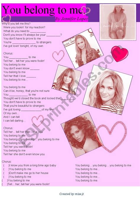 Jennifer Lopez You Belong To Me Song Esl Worksheet By Miss Jt