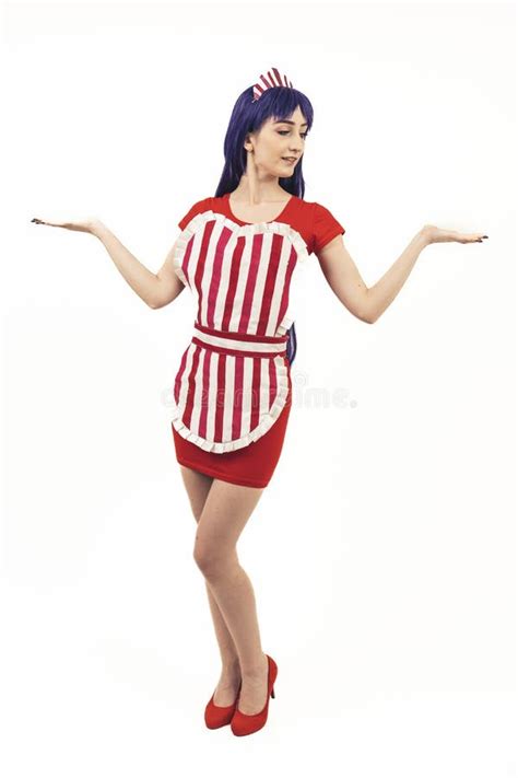 Beautiful Long Legged Caucasian Waitress In Red White Striped Apron Spreading Her Hands To