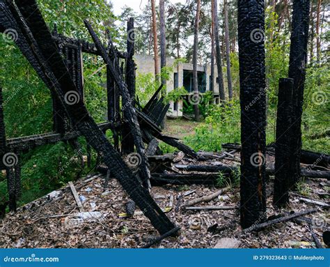 Consequences Of Fire Completely Burnt Wooden House Stock Image Image