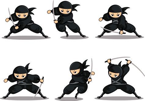 Black Ninja Set With Six New Different Poses Attack 3381494 Vector Art