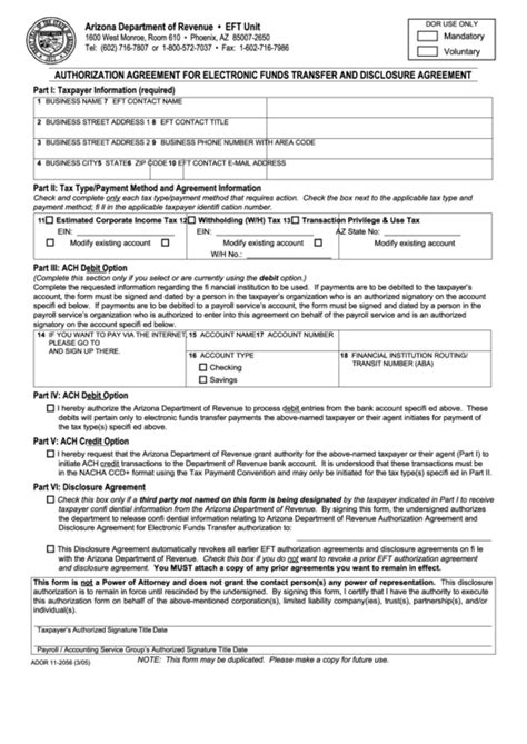 Form Ador 11 2056 Authorization Agreement For Electronic Funds