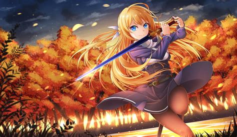 Anime Girl With Blonde Hair And Blue Eyes With Sword