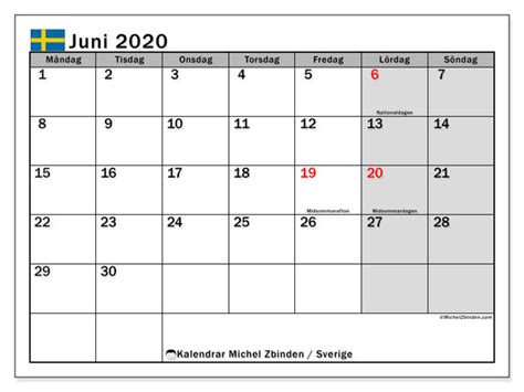 Kalender 2021 mit kalenderwochen und feiertagen. Kalender juni 2020, Sverige - Michel Zbinden SV