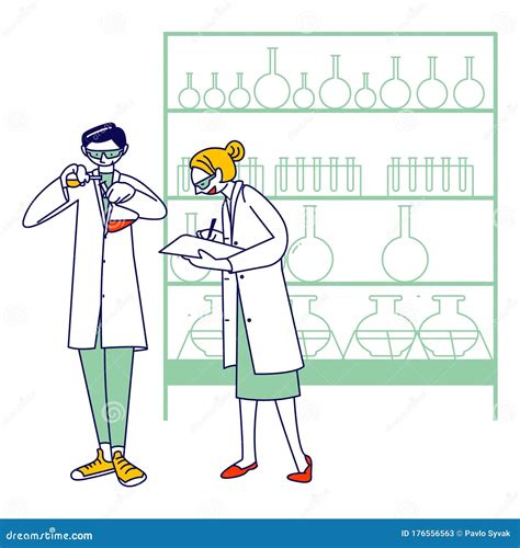 Chemist Scientists Characters In White Coats Conduct Experiment In